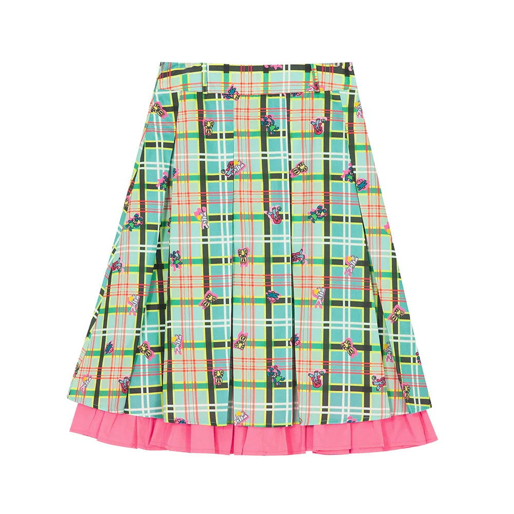 Mint Plaid Cartoon Pleated Midi Skirt