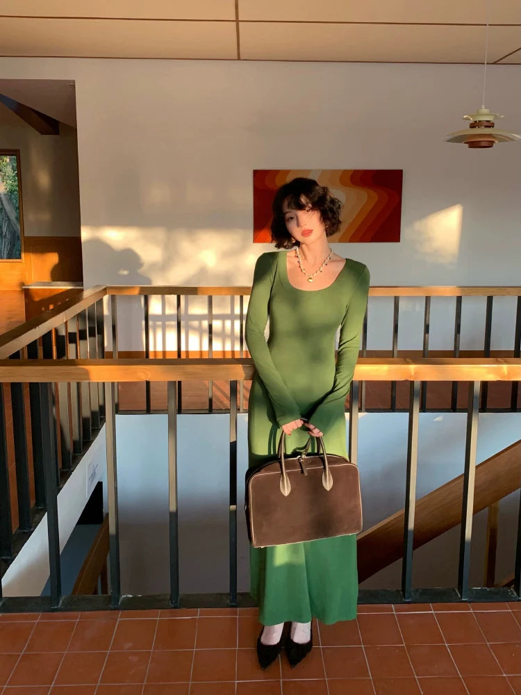 U-Neck Long Sleeve Maxi Dress