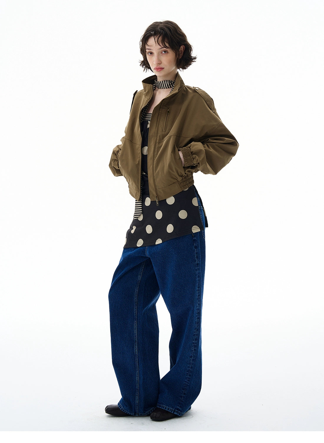 Cropped Utility High Collar Bomber Jacket