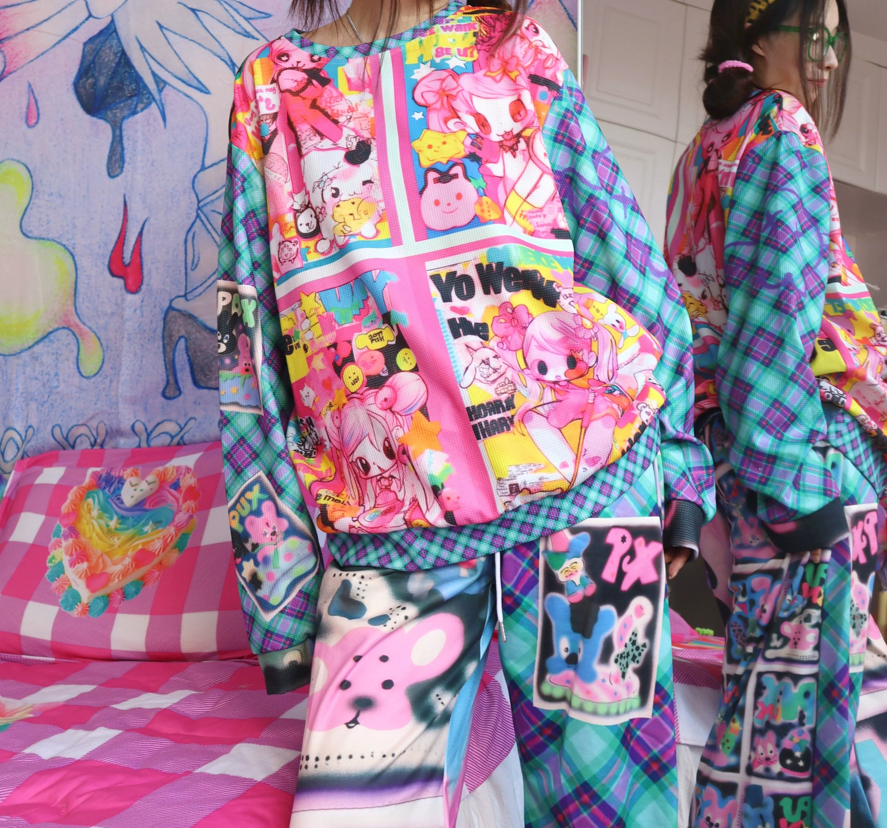 Kawaii Plaid Print Oversized Sweater