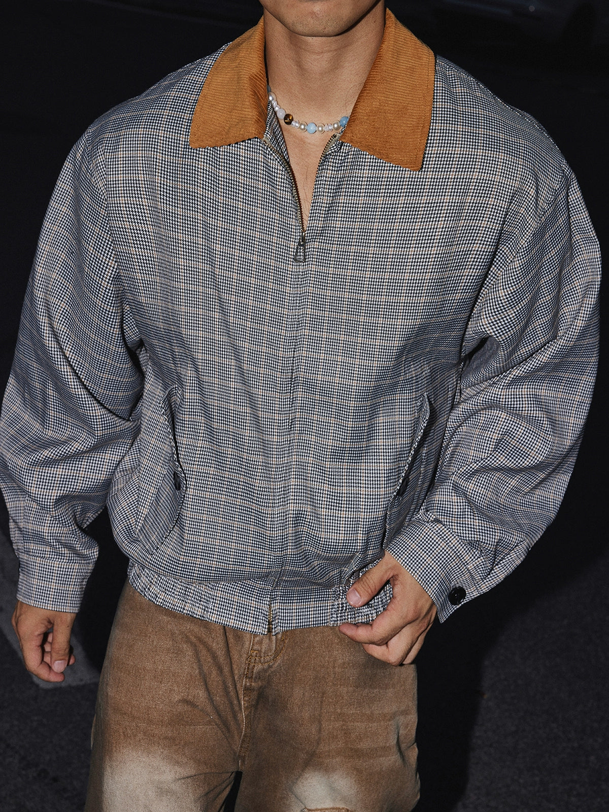 Maple Collar Plaid Zip Jacket