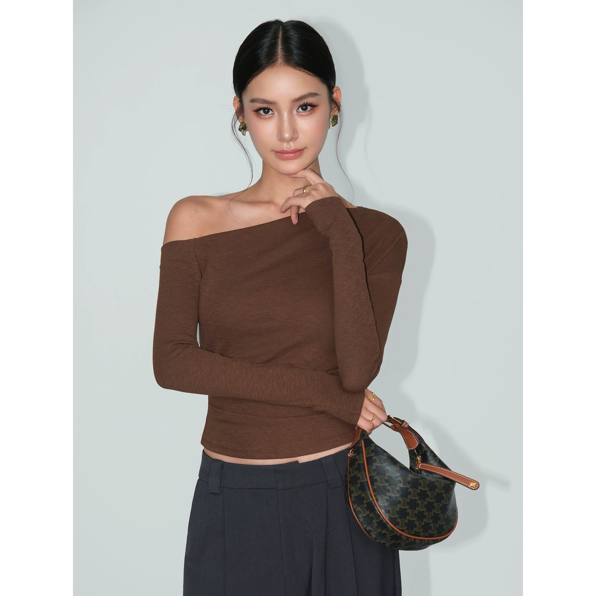 Side Glimmer Asym One‑Shoulder Long Sleeve Tee