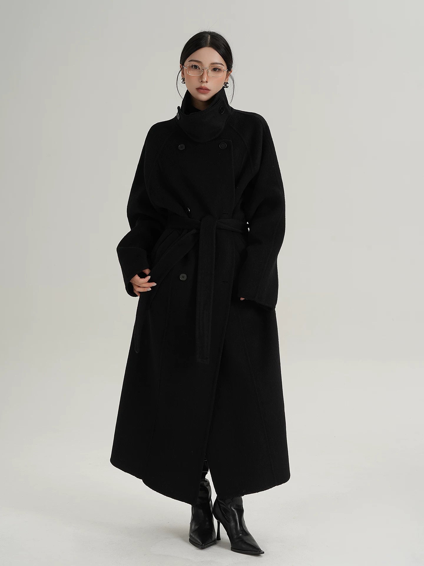 Caramel Crest Funnel-Belt Wool Coat