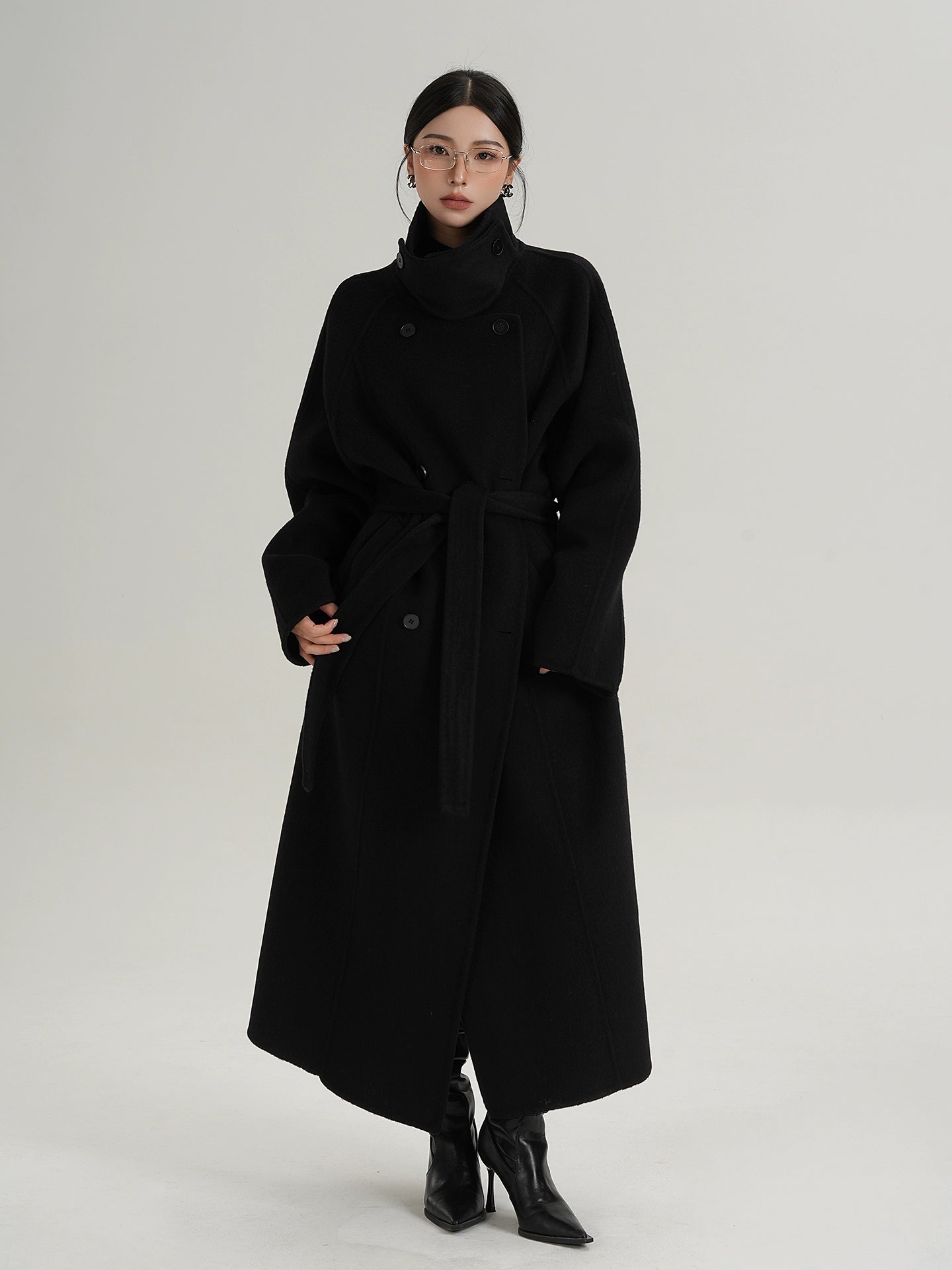 Caramel Crest Funnel-Belt Wool Coat