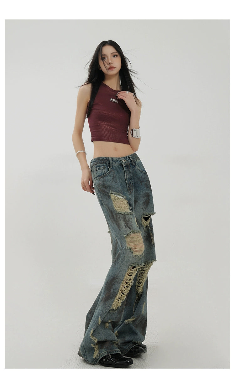 Retro Tie-Dye Distressed Wide-Leg Jeans With Washed Effect And Draping Fit - chiclara