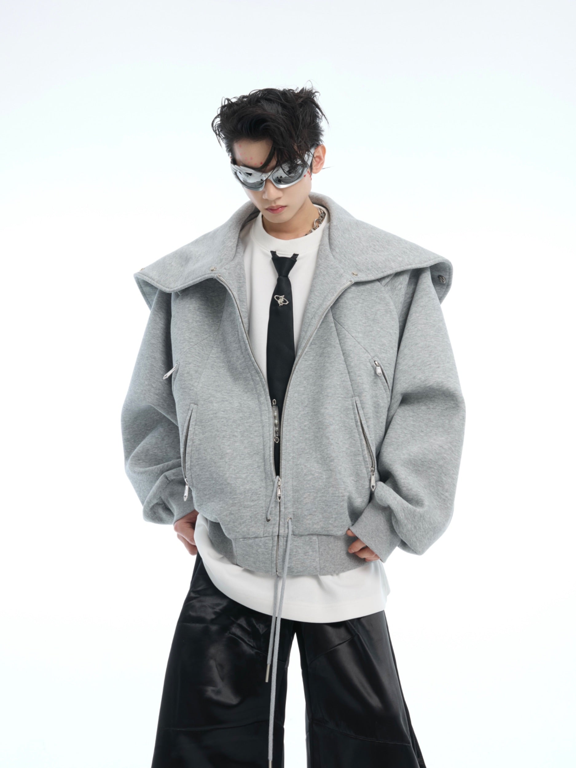 Gray Drawstring Zip Bomber Jacket