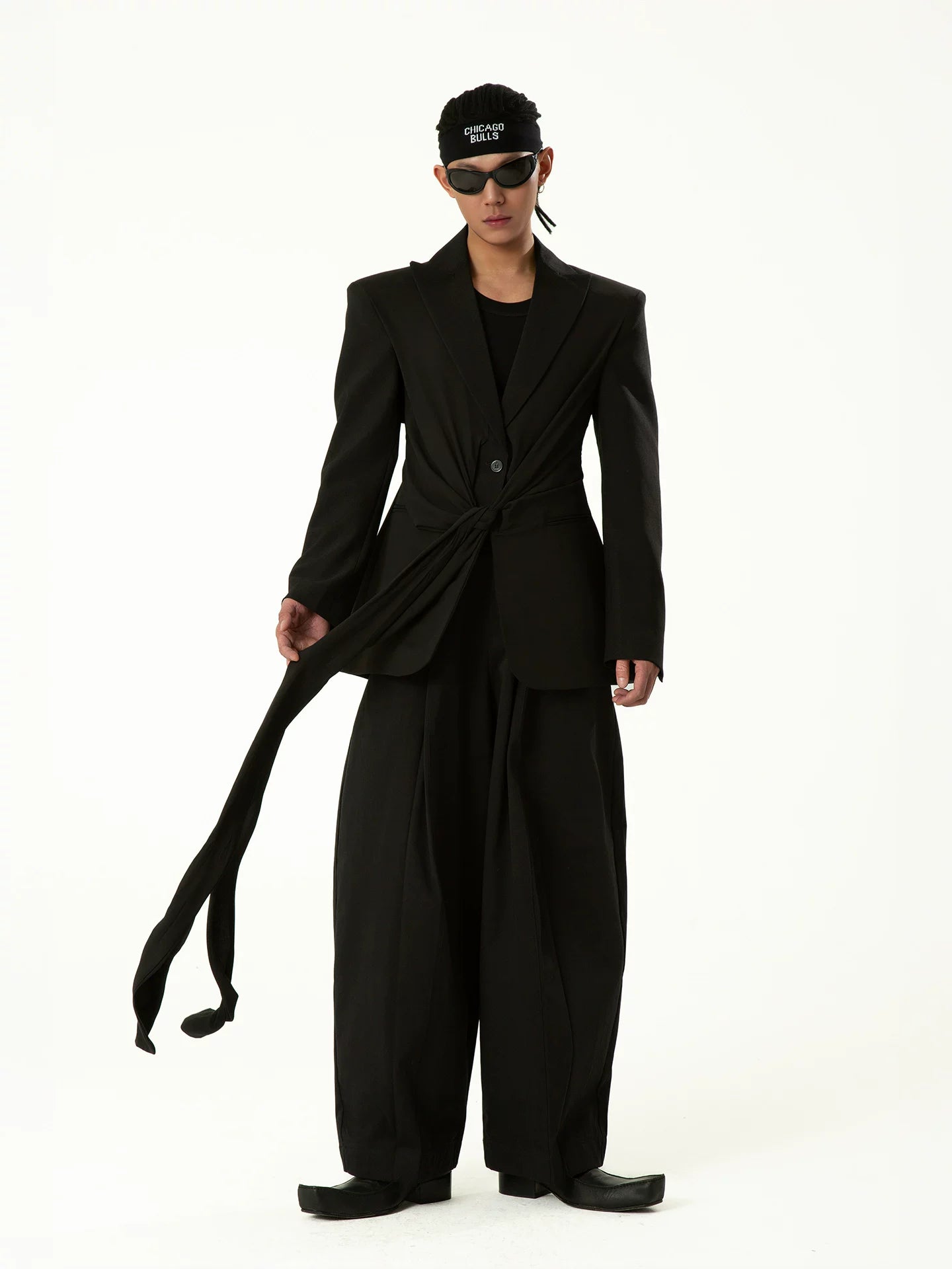 Draped Noir Tie-Front Blazer Coat