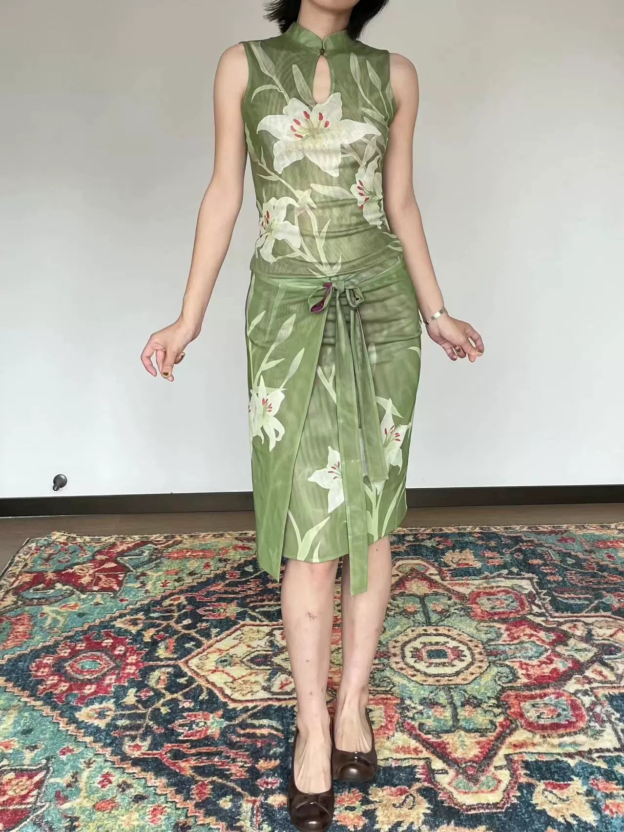 Oriental Lily Print Cheongsam Top