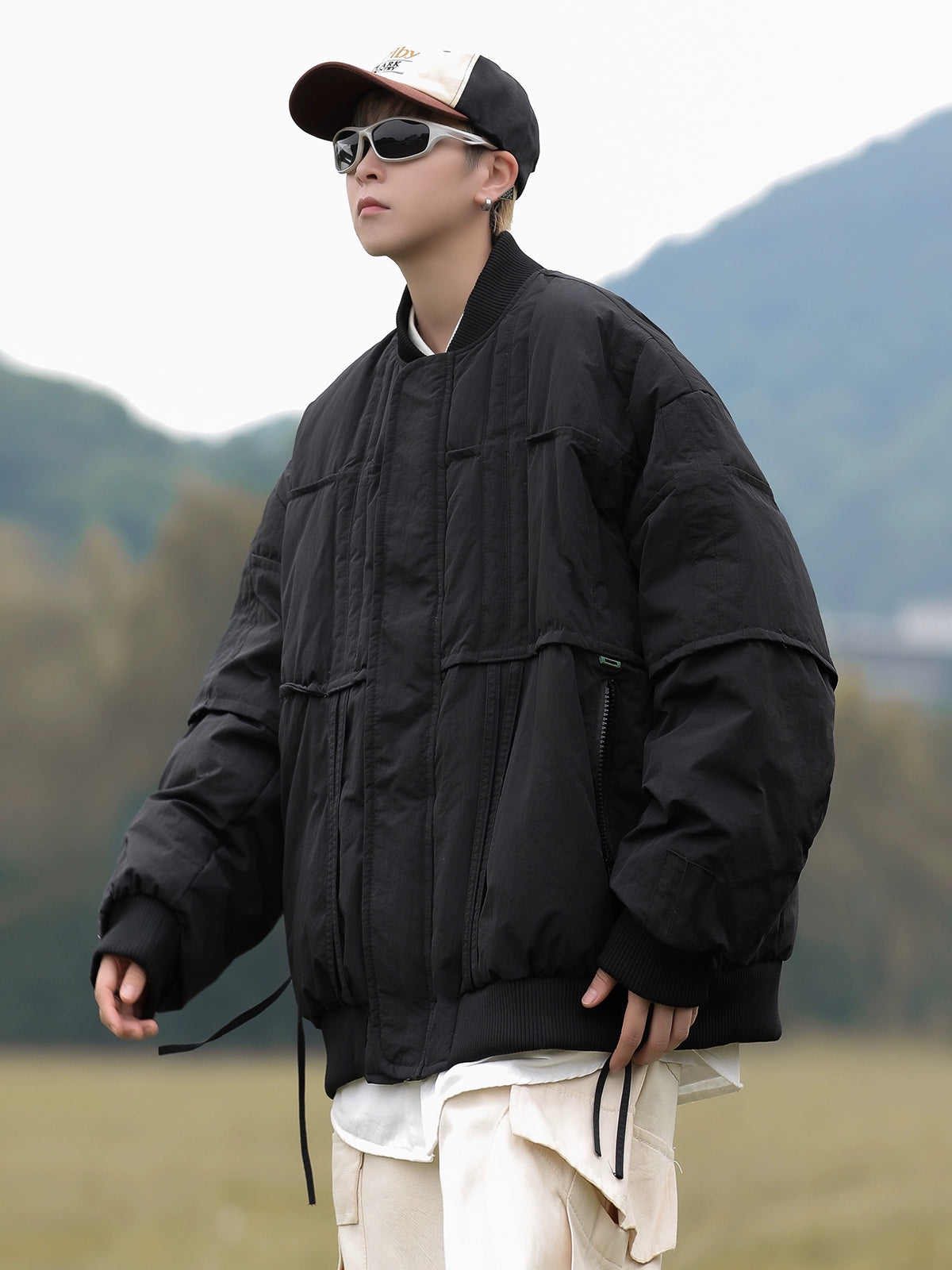 Oversized Bomber Jacket with Ribbed Collar and Cuffs