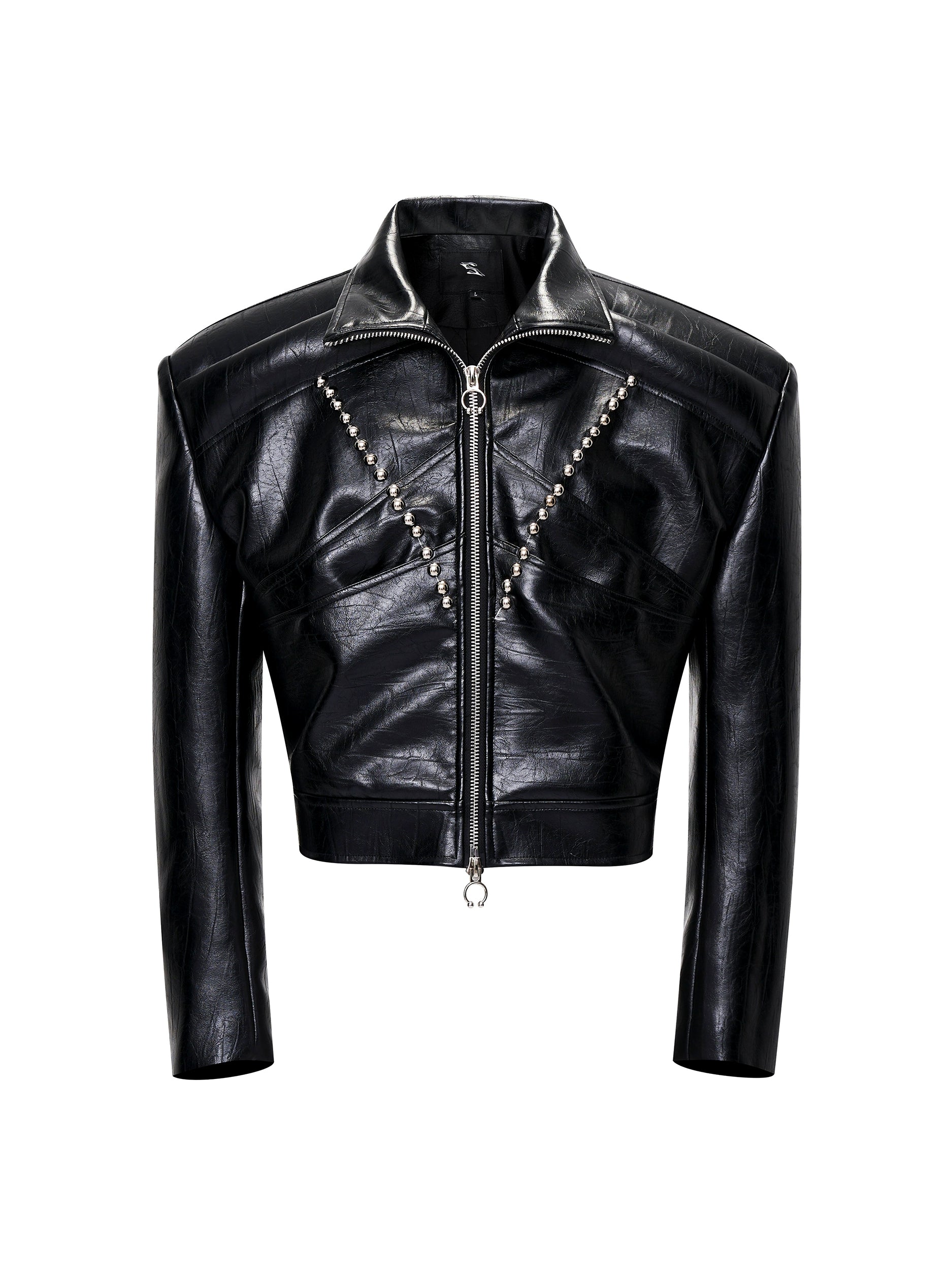 Black Faux Leather Cropped Jacket with Stud Embellishments