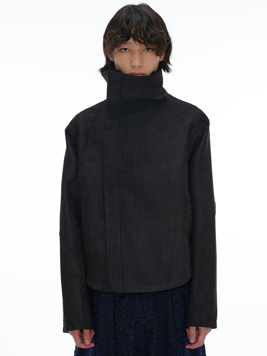 Black Textured Asymmetric-Collar Jacket