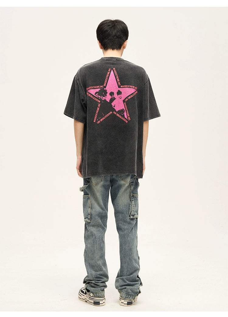 Acid Wash Graphic T-Shirt with Pink Print