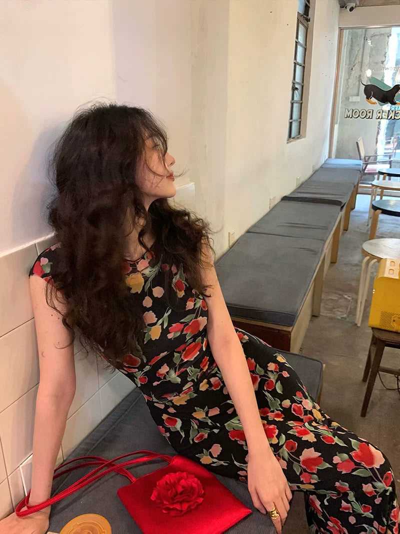 Black Floral Print Cap Sleeve Dress