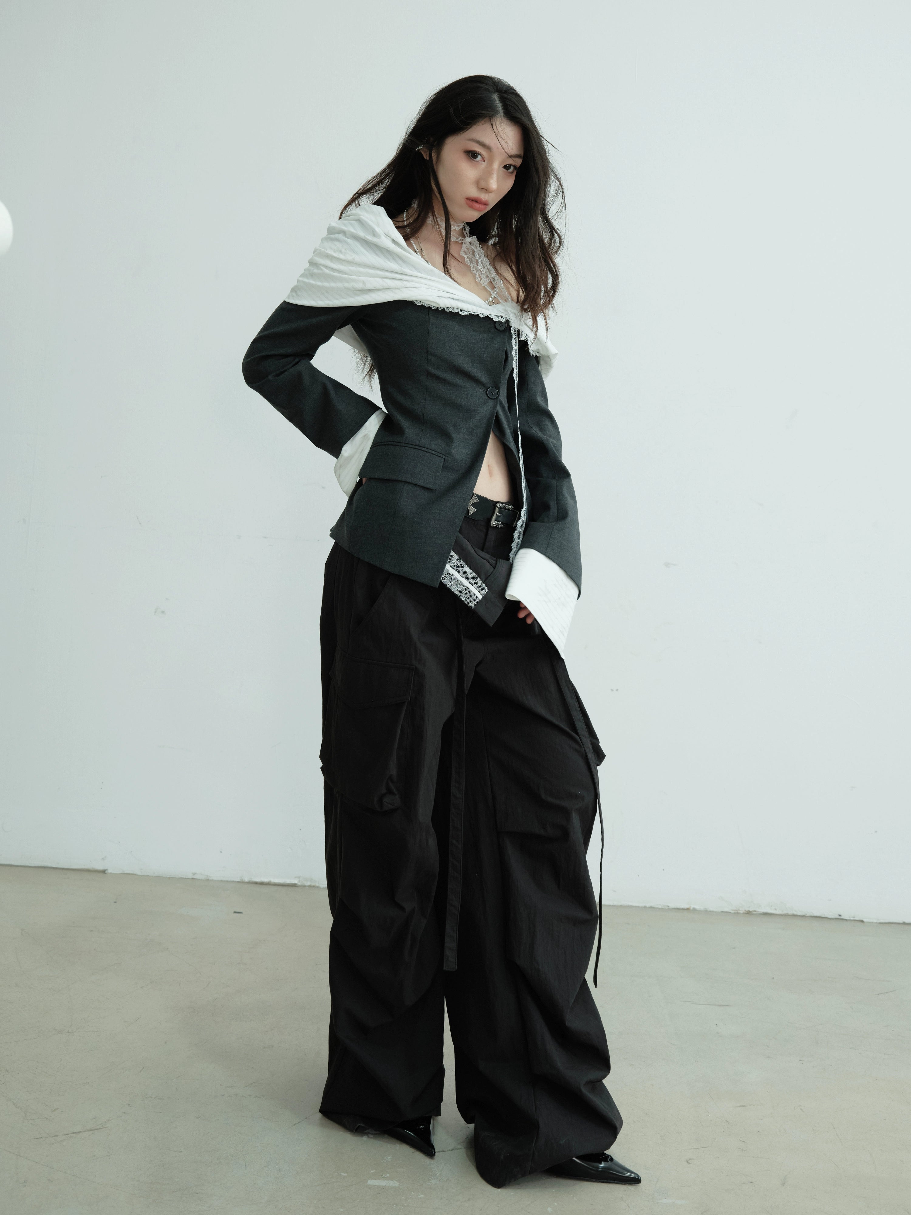 Wide Leg Cargo Pants Contrast Trim