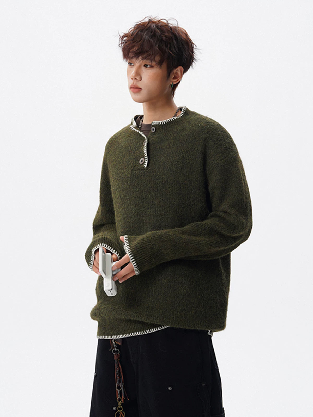 Coastal Trim Textured Henley Sweater