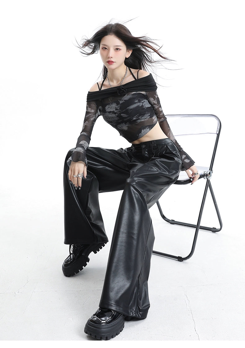 Coffee Wide-Leg Pu Leather Pants - chiclara