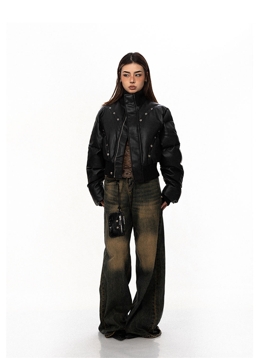 Perforated Eyelet Short Pu Leather Jacket - chiclara