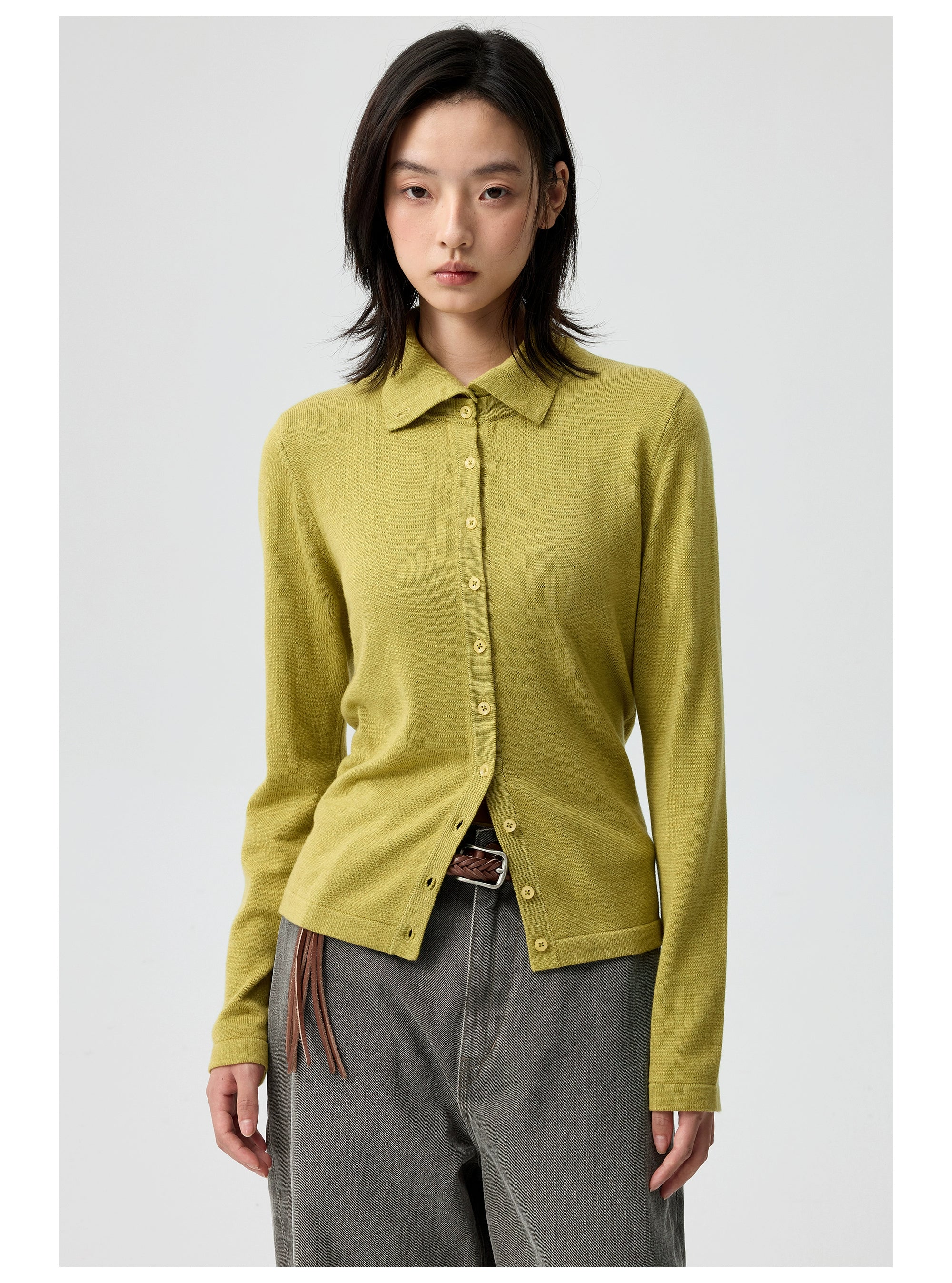 Button-Up Cardigan with Detachable Contrast Collar