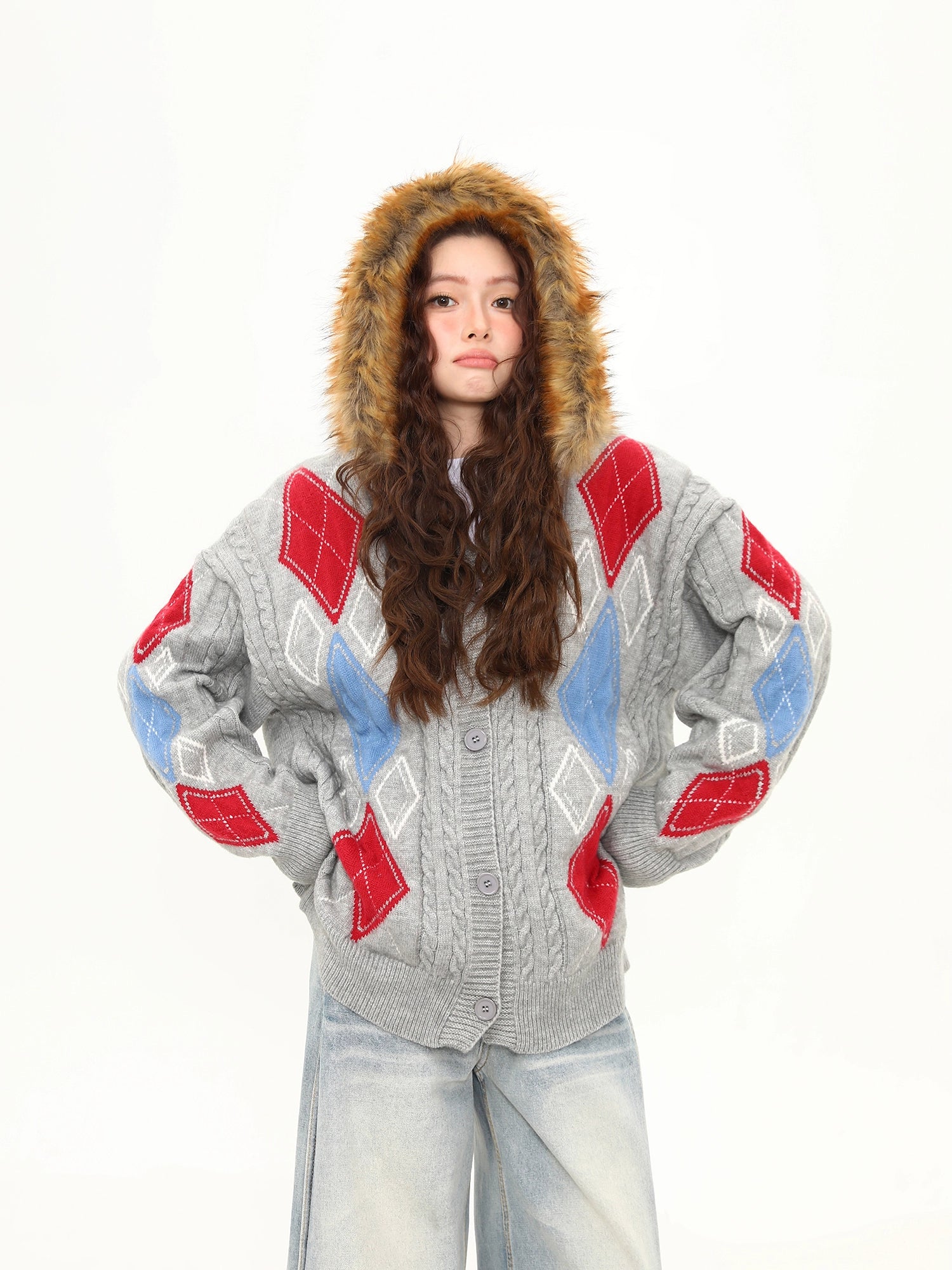 Frosty Argyle Faux-Fur Hood Cardigan