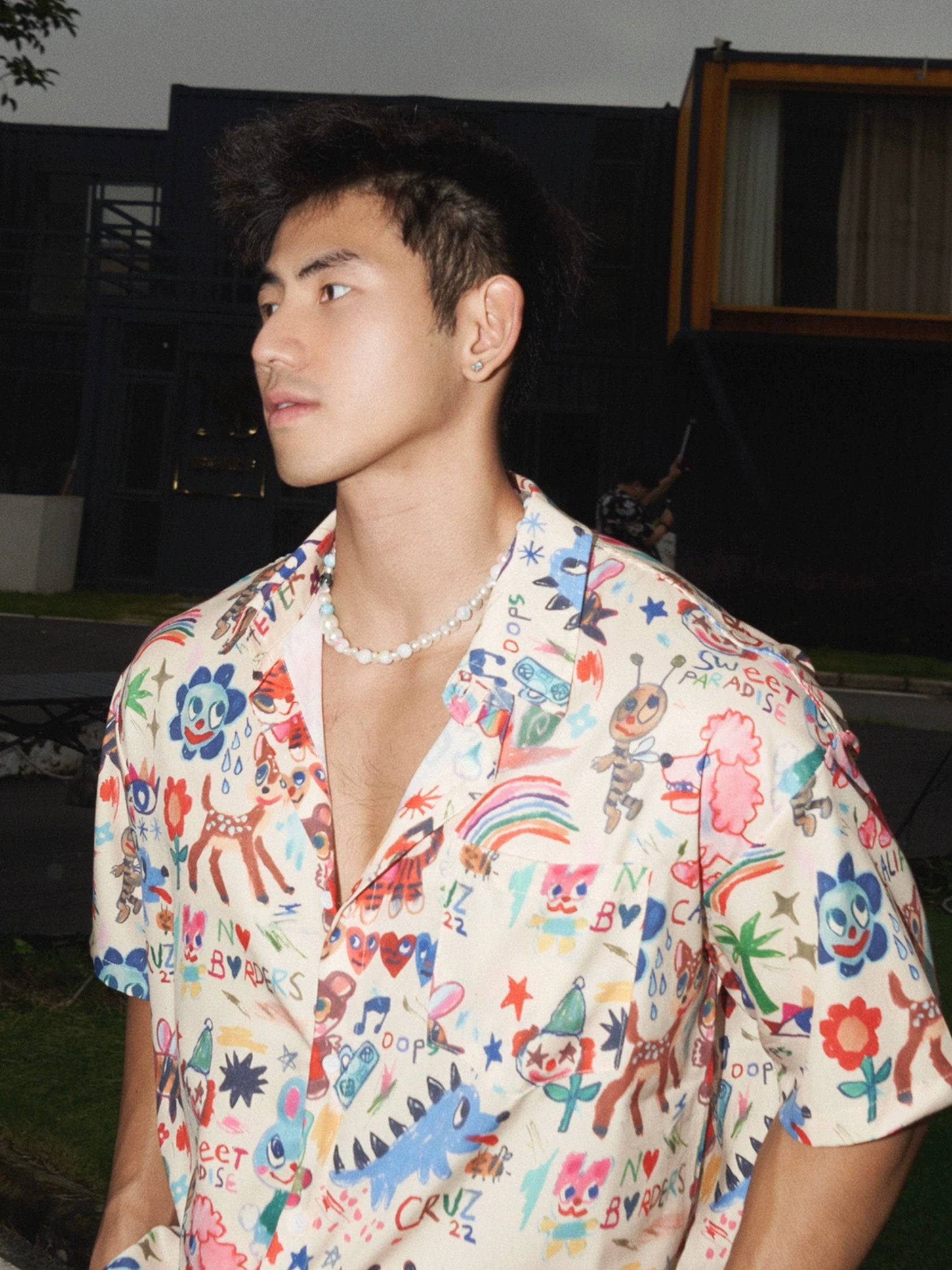 Cartoon Print Short-Sleeve Button-Up Shirt
