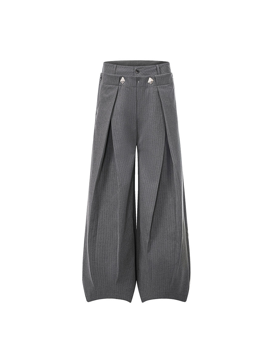 Men's Double-Waist Pleated Pinstripe Wide-Leg Trousers