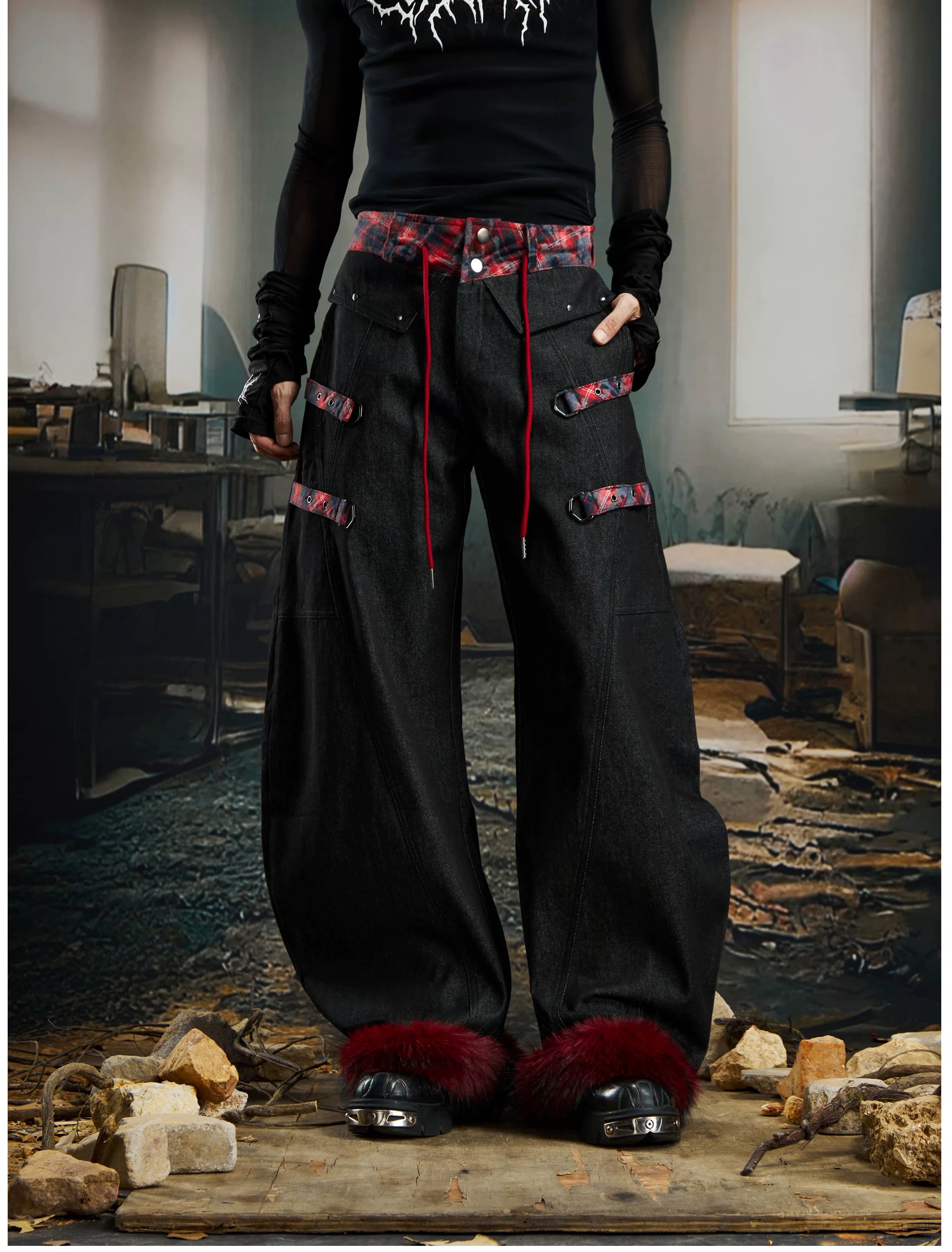 Cuff Flannel‑Trim Furry Hem Pants