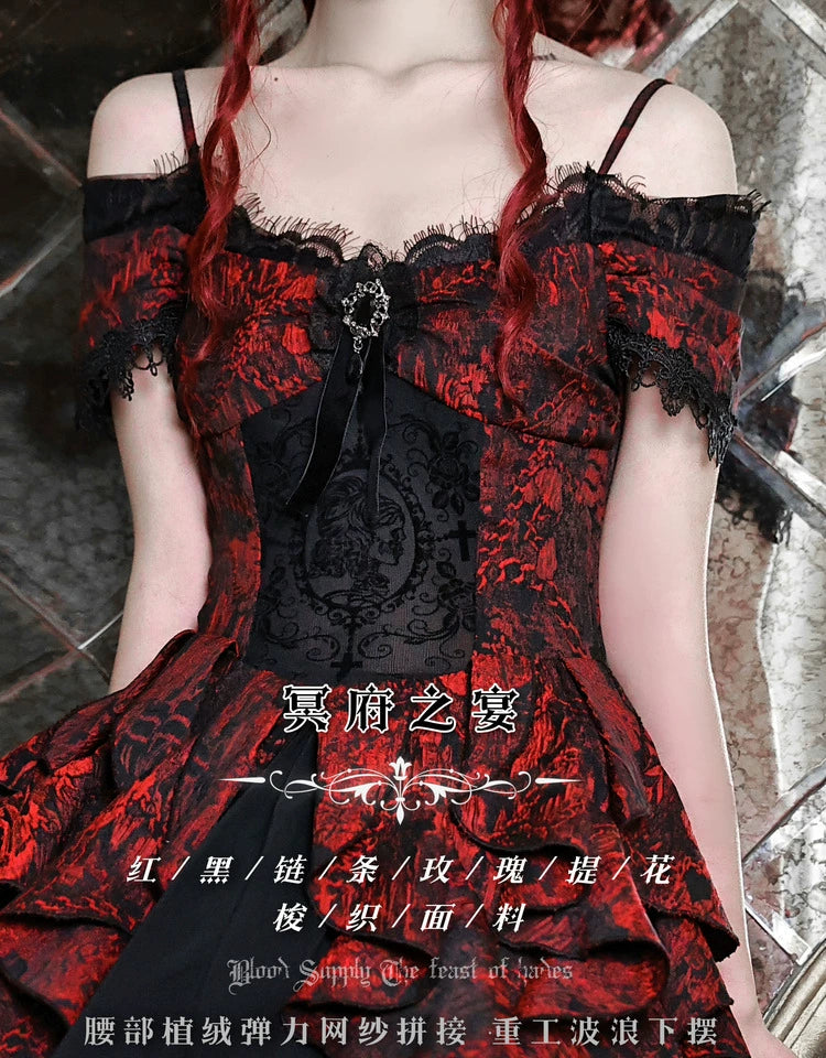 Gothic Red Layered Ruffle Ball Dress