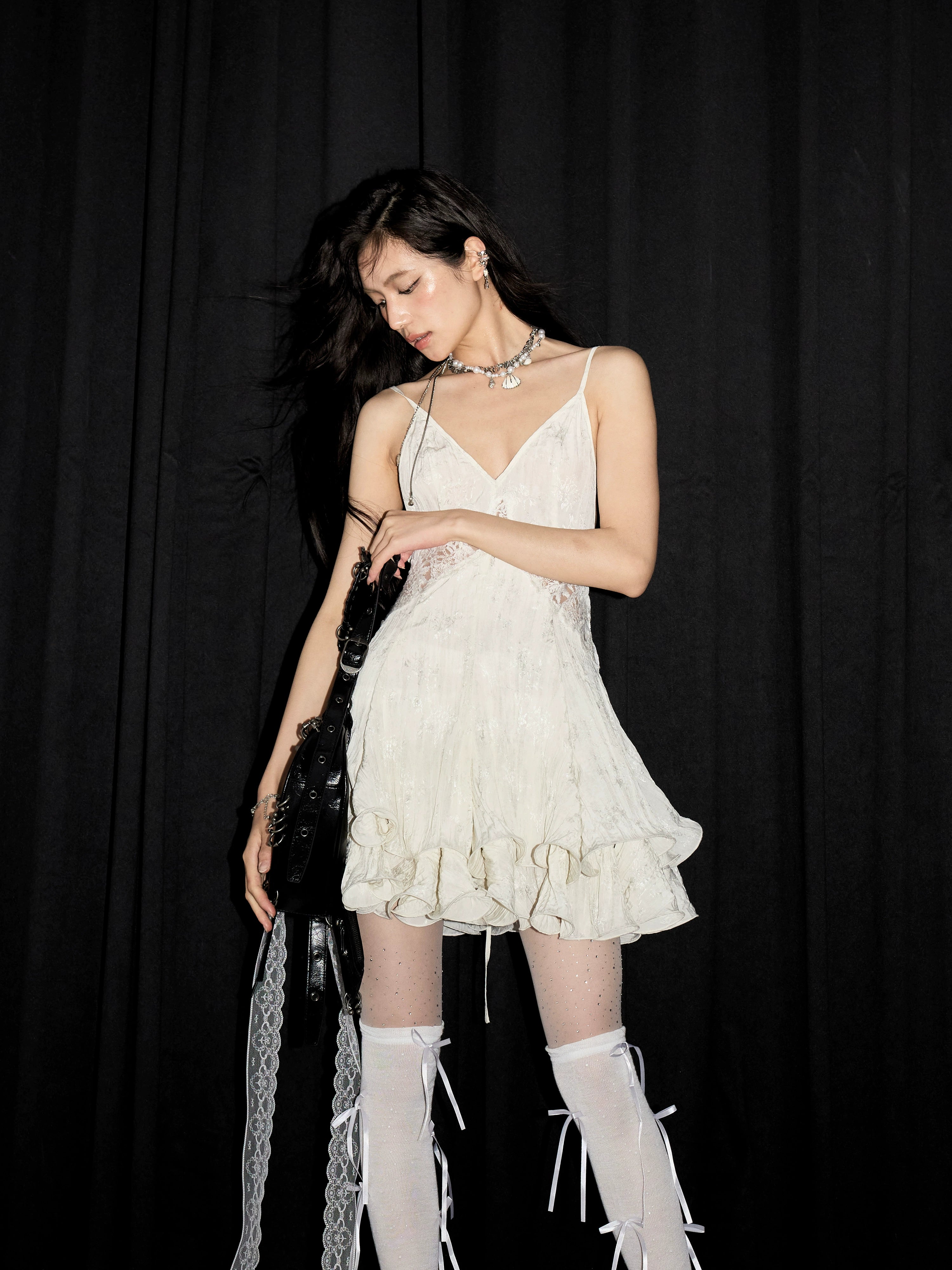 White Lace Slip Dress with Ruffle Hem
