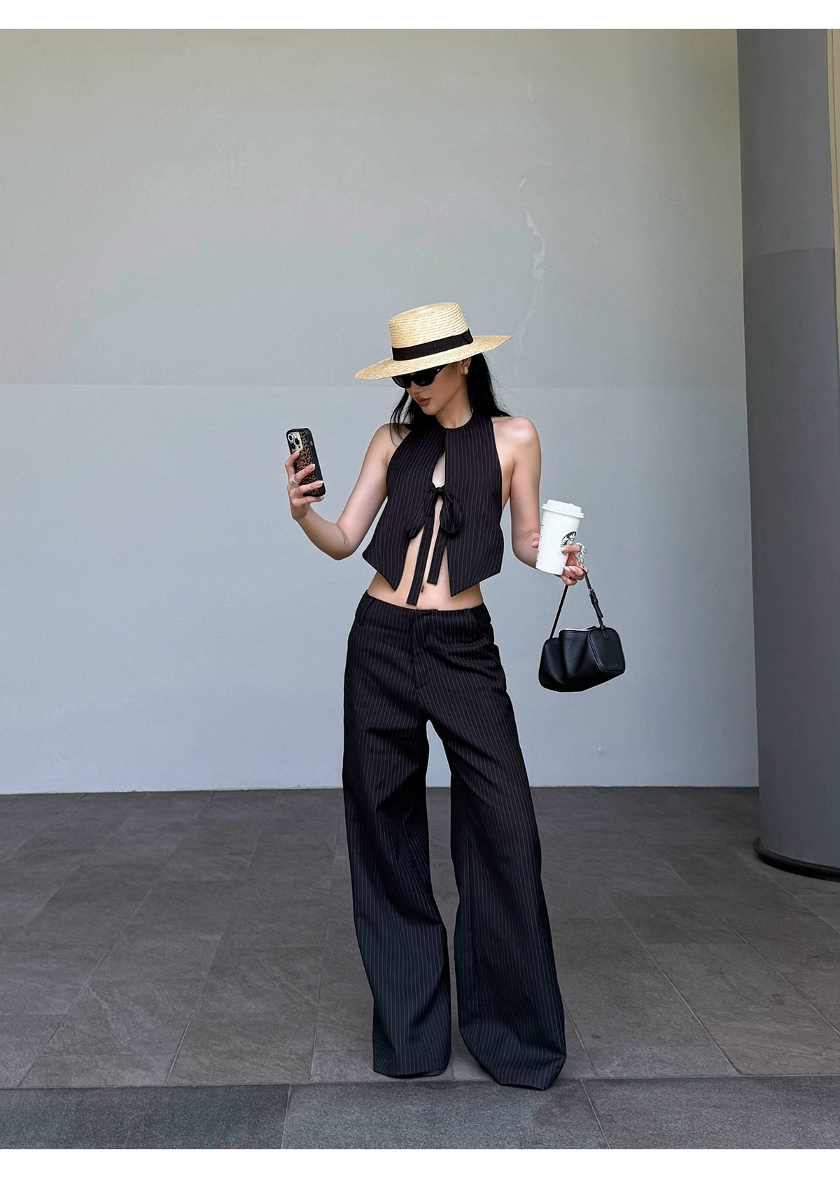 Black Pinstripe Wide Leg Pants
