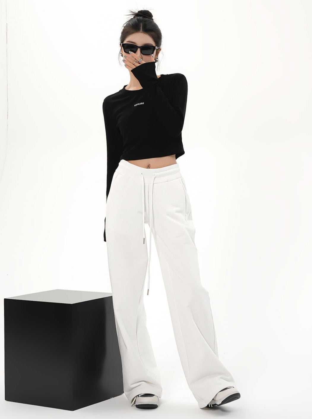 Pantalon à cordon à jambes larges à taille haute - pantalon de salon en ajustement détendu