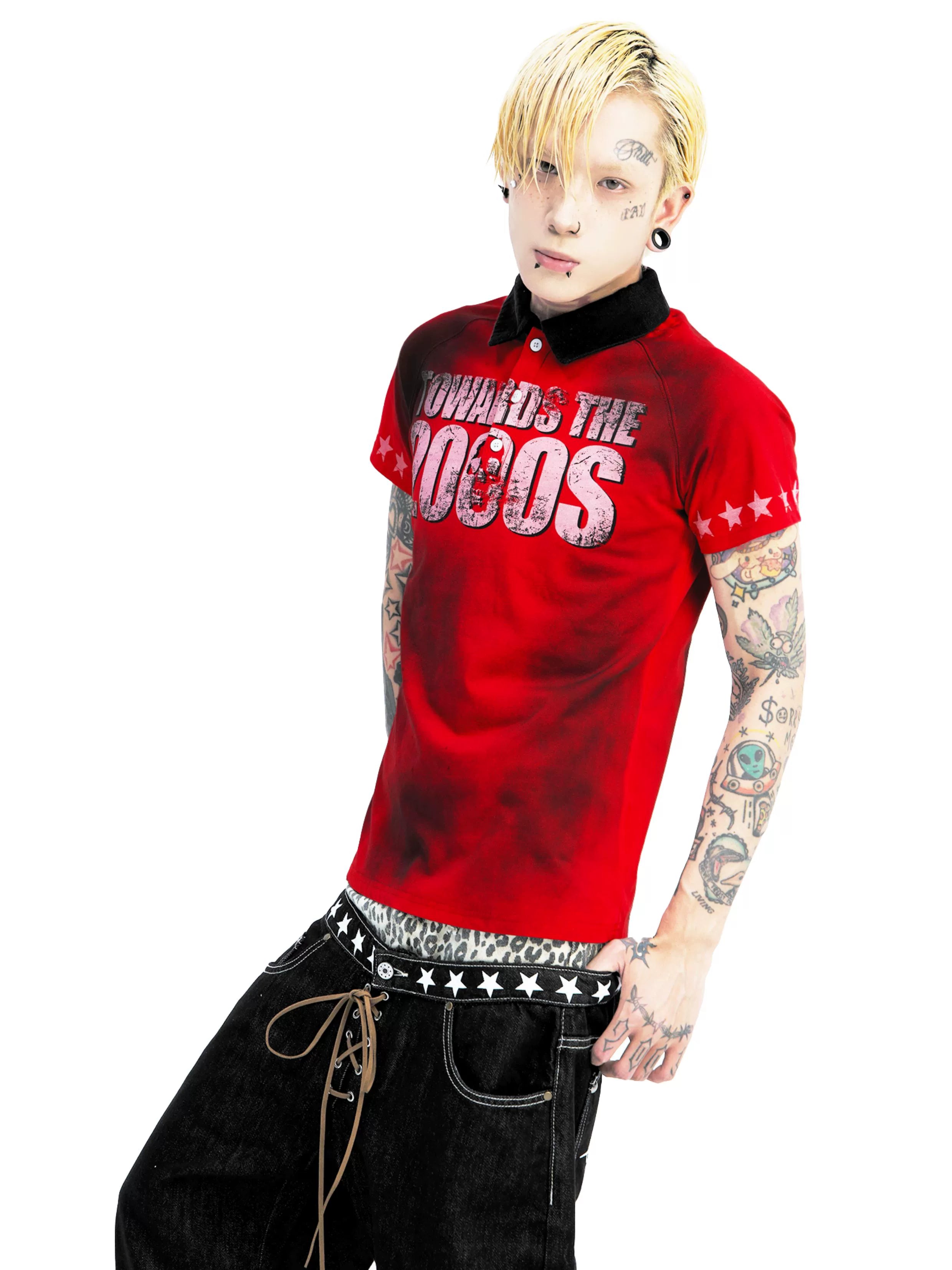 Crimson Y2K Starfield Polo