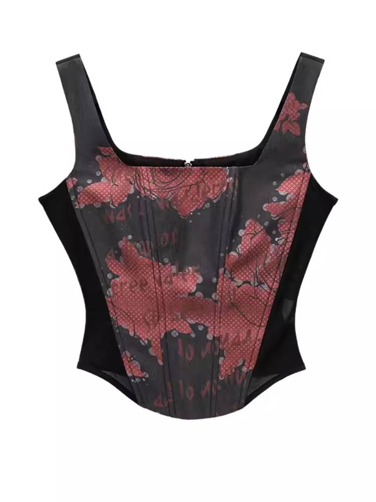 Gothic Red Print Corset Top