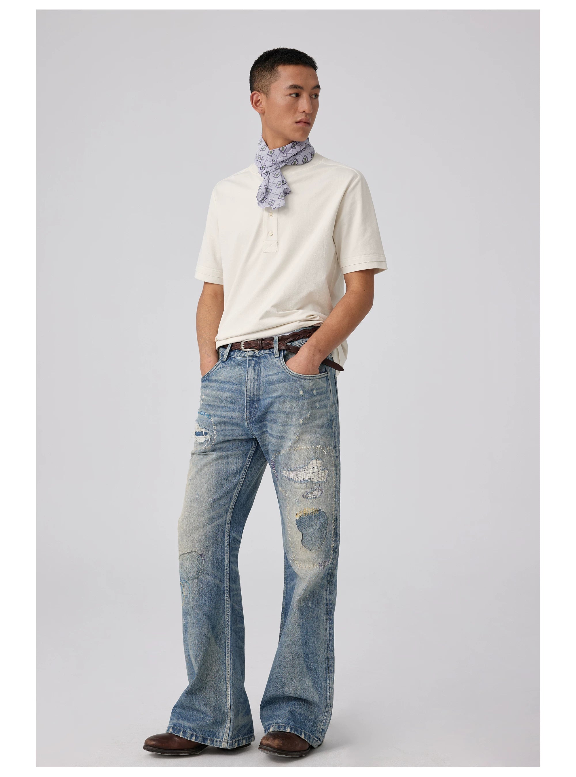 Distressed Patchwork Flared Jeans