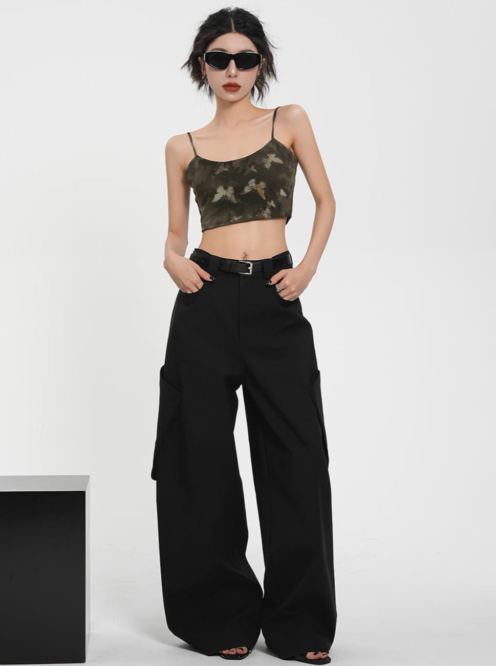 Tarndruck Maxi Slip -Kleid - Spaghetti -Gurtseite Schlitz -Camo -Kleid