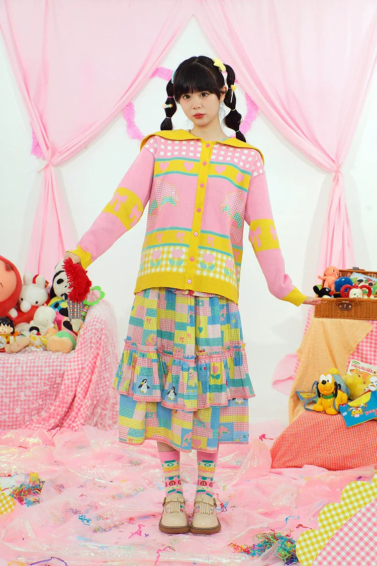 Pink Yellow Dolphin Pattern Knit Cardigan