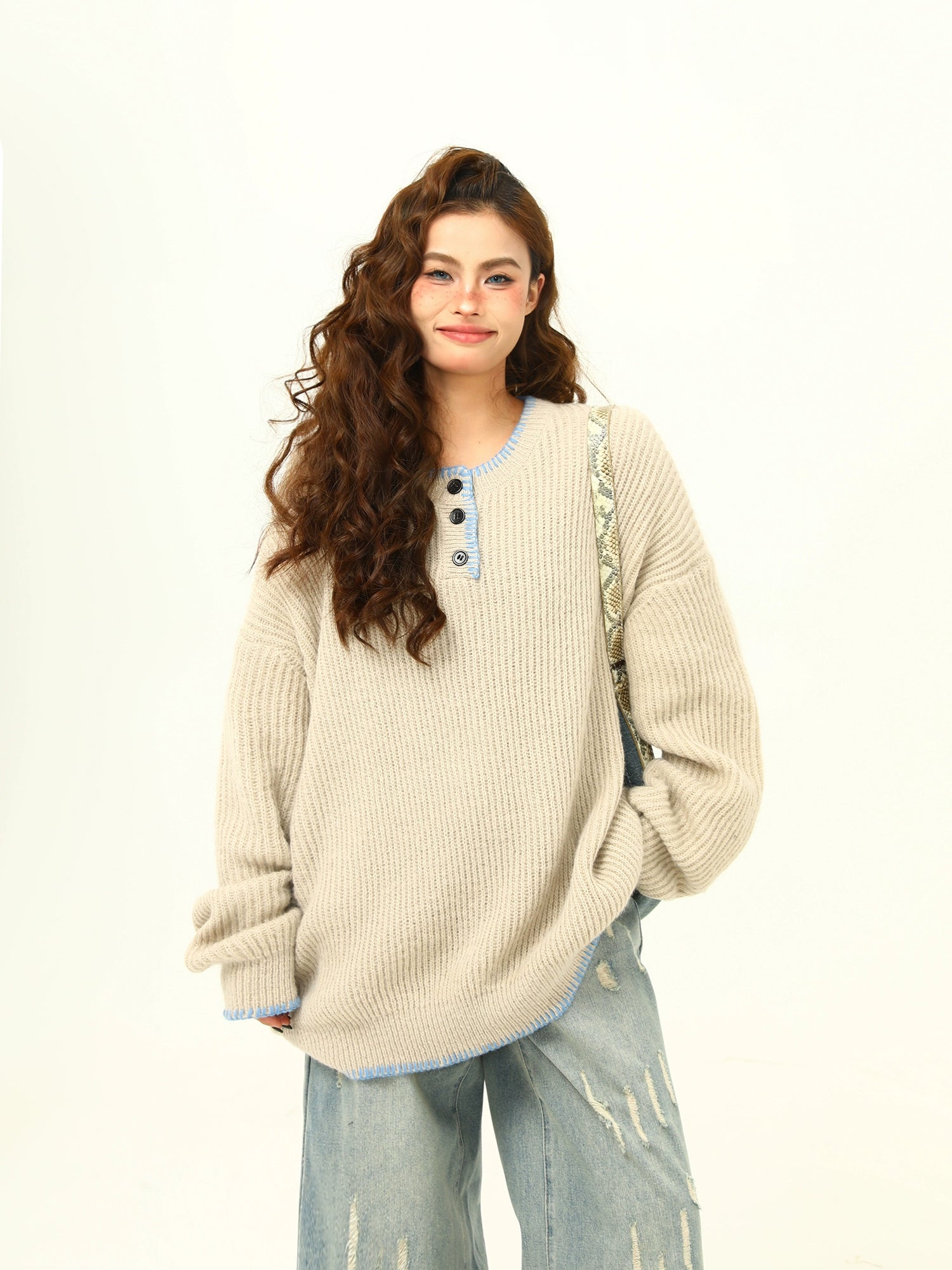 Oversized Cozy Button Trimmed Knit Sweater