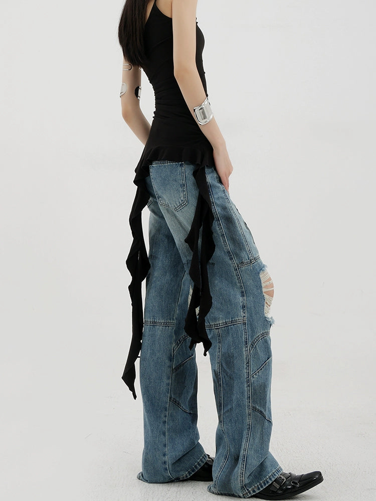 Vintage Distressed And Dirt-Dyed Patchwork Wide-Leg Jeans - chiclara