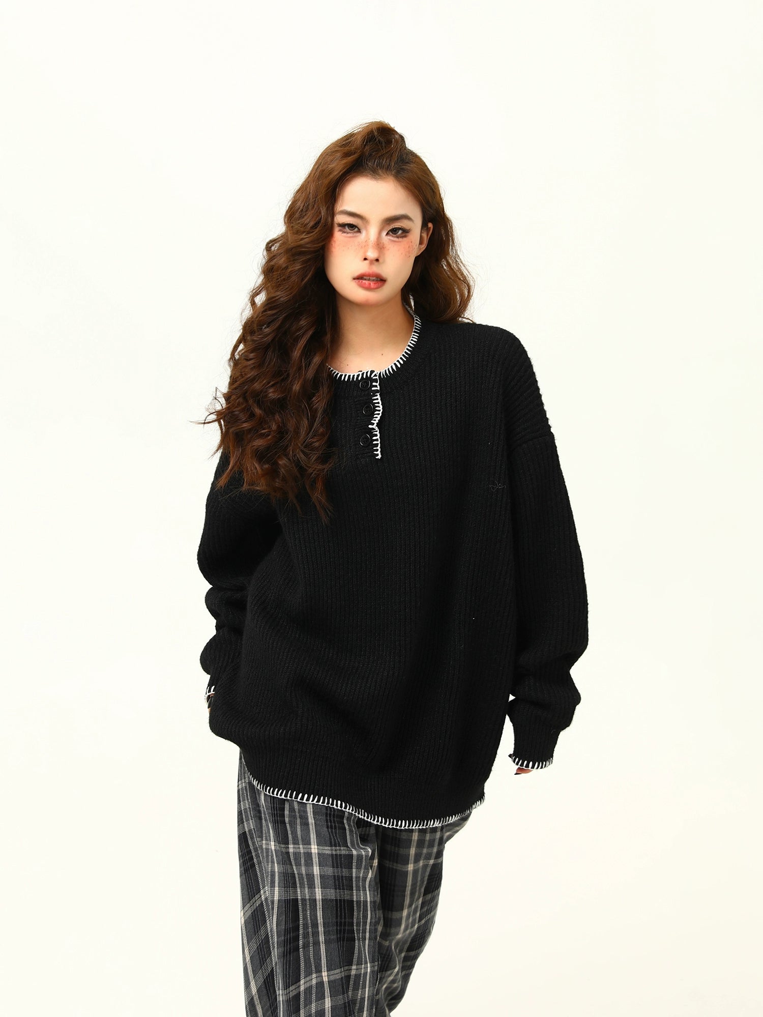 Oversized Cozy Button Trimmed Knit Sweater