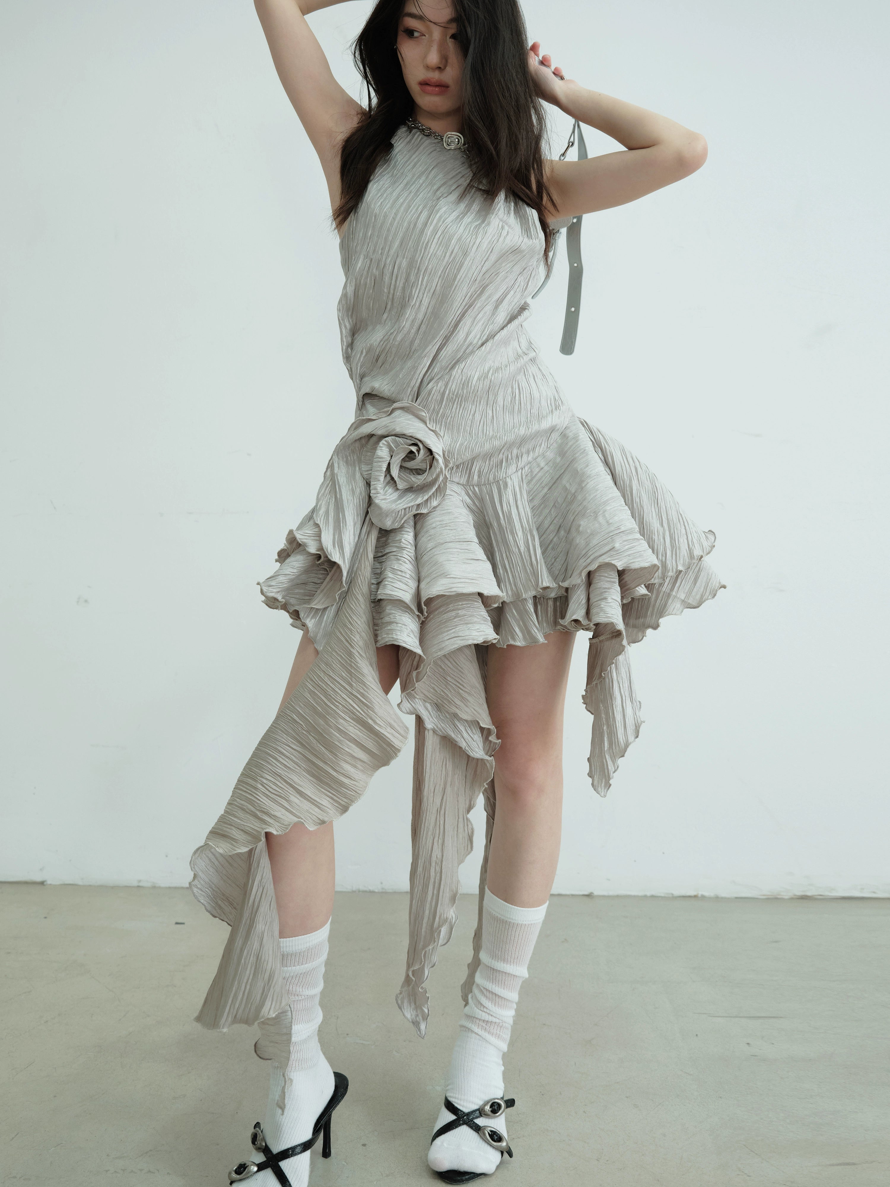 Asymmetric Ruffle Hem Metallic Party Dress