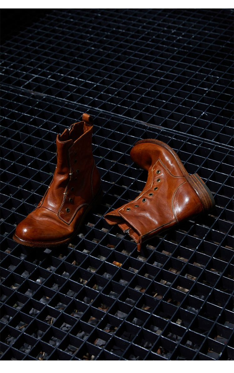 Brown Leather Lace-less Combat Boots