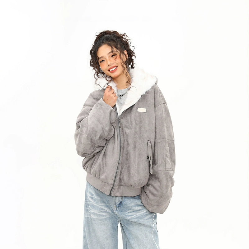 Ash Cloud Faux Fur Collar Bomber Jacket