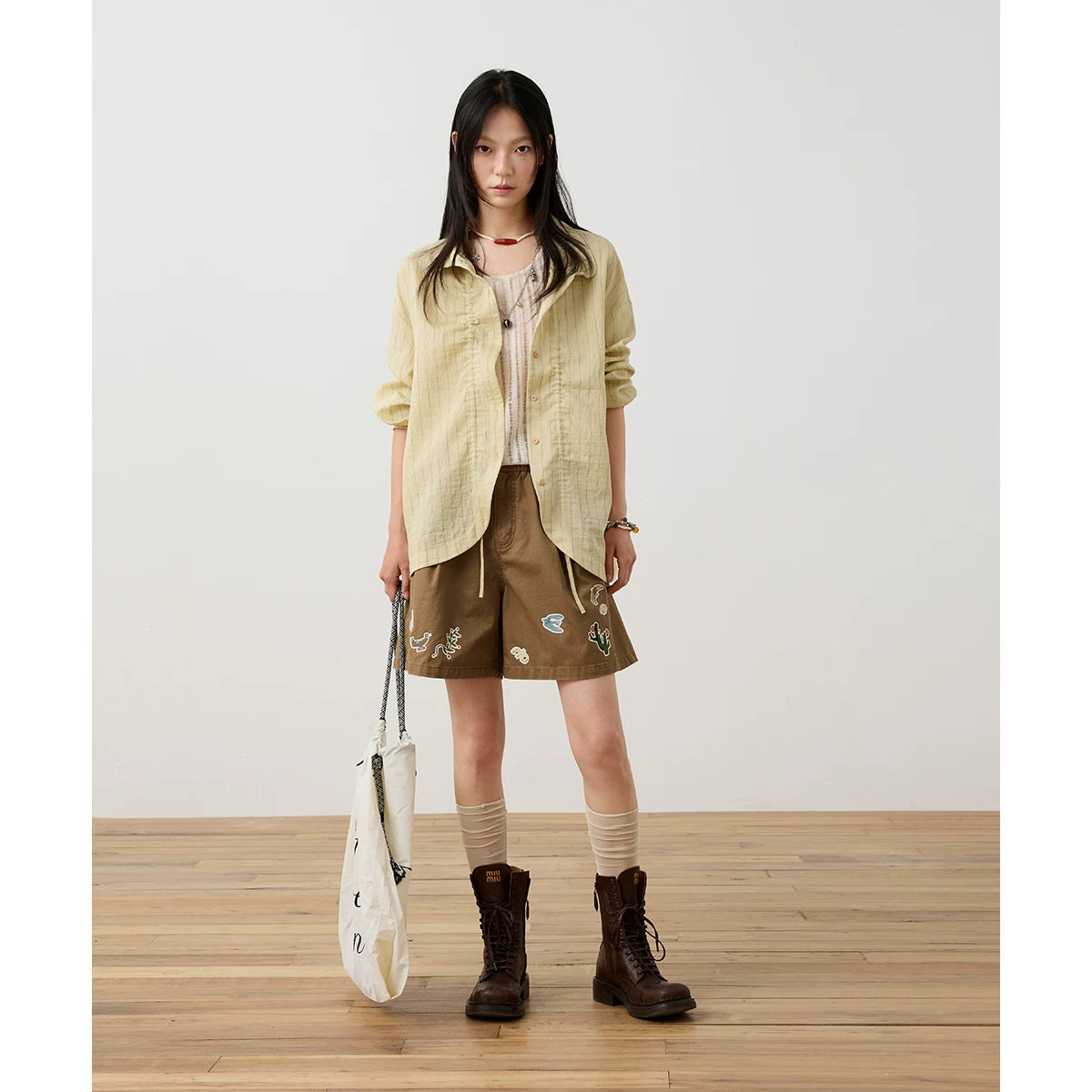 Mandarin Collar Textured Button Blouse