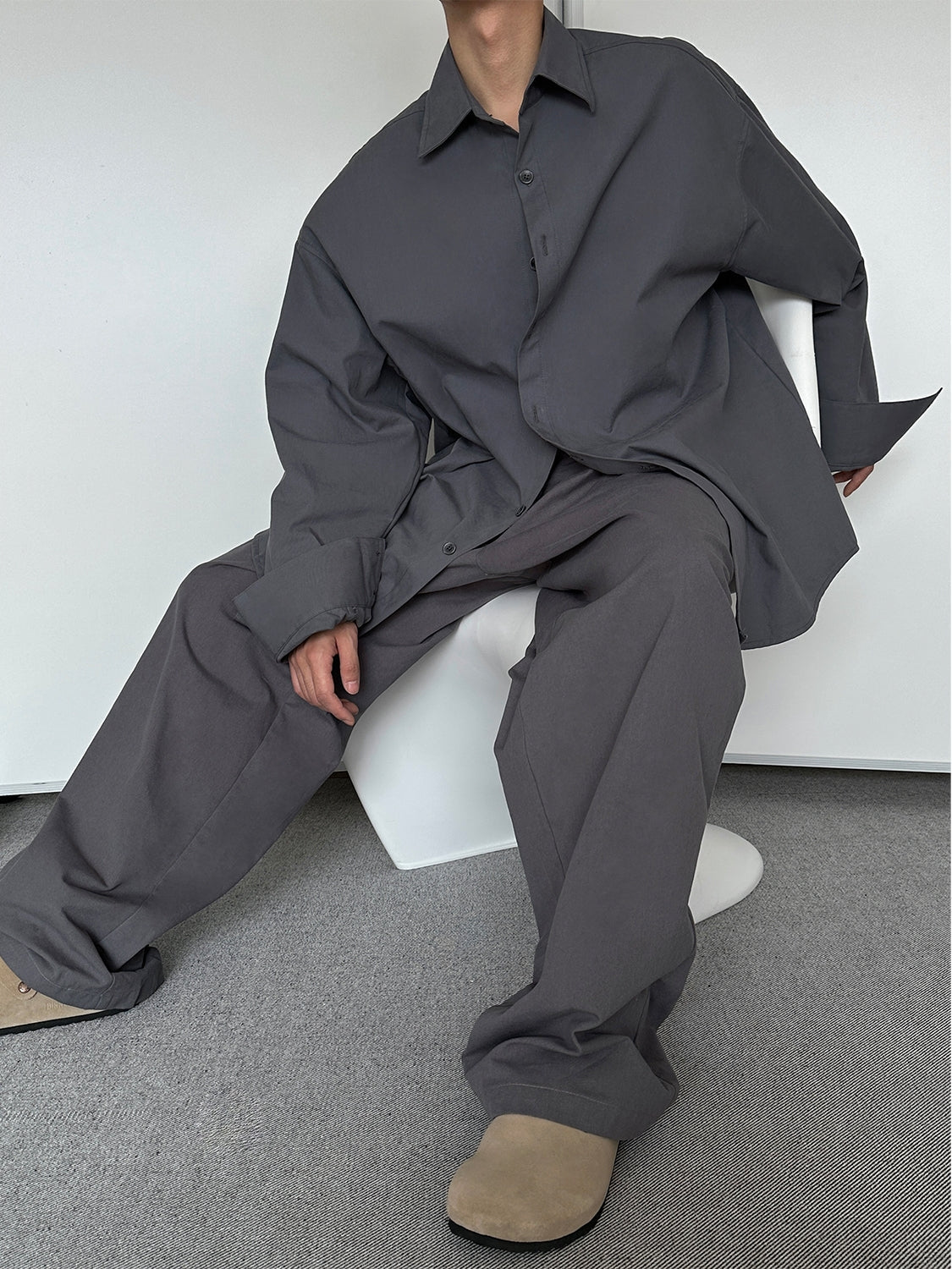 Wide-Leg Pleated Charcoal Grey Trousers