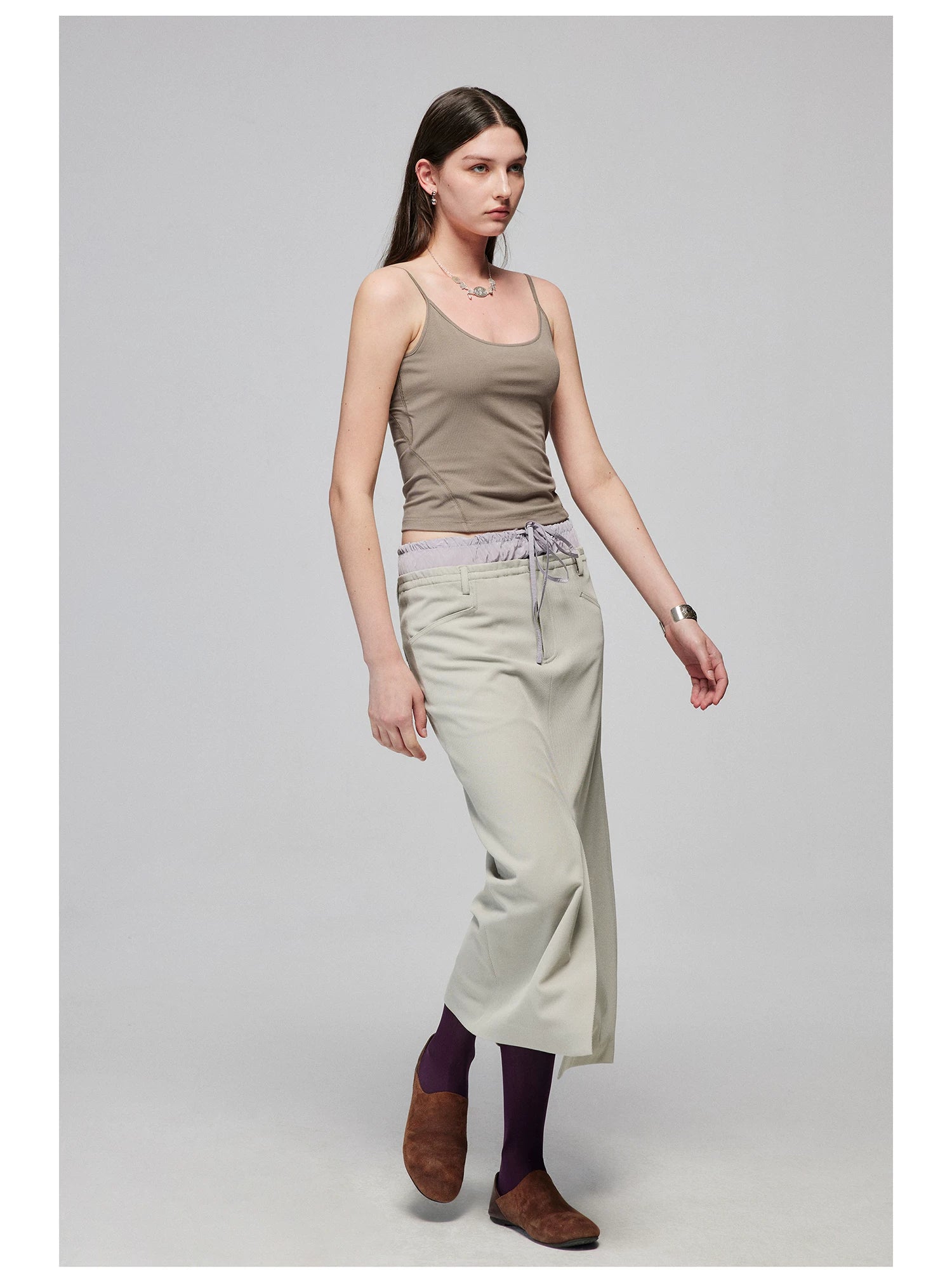 Layered Waist Front-Slit Midi Skirt