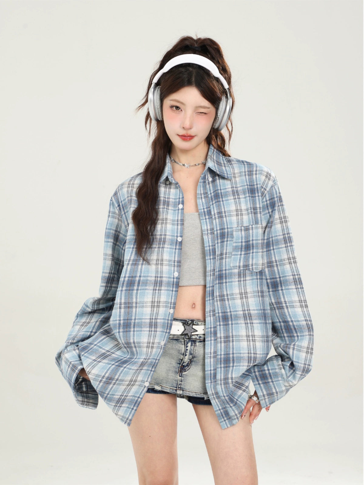 Camisa a cuadros azul suelto vintage