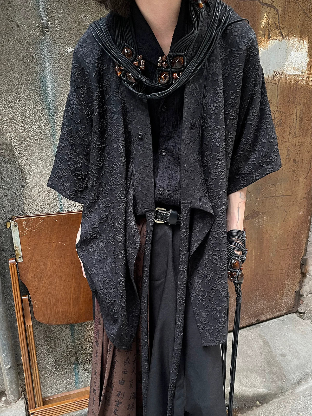 Obsidian Jacquard Draped Kimono Shirt