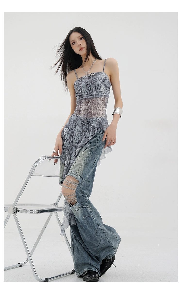 Black Asymmetric Ribbon Strap Tank Top With Ruffle Edge Design - chiclara
