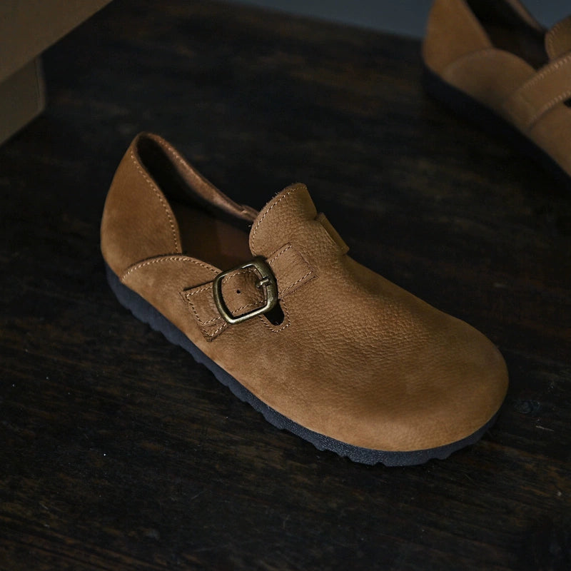 Brown Buckle Leather Slip-Ons