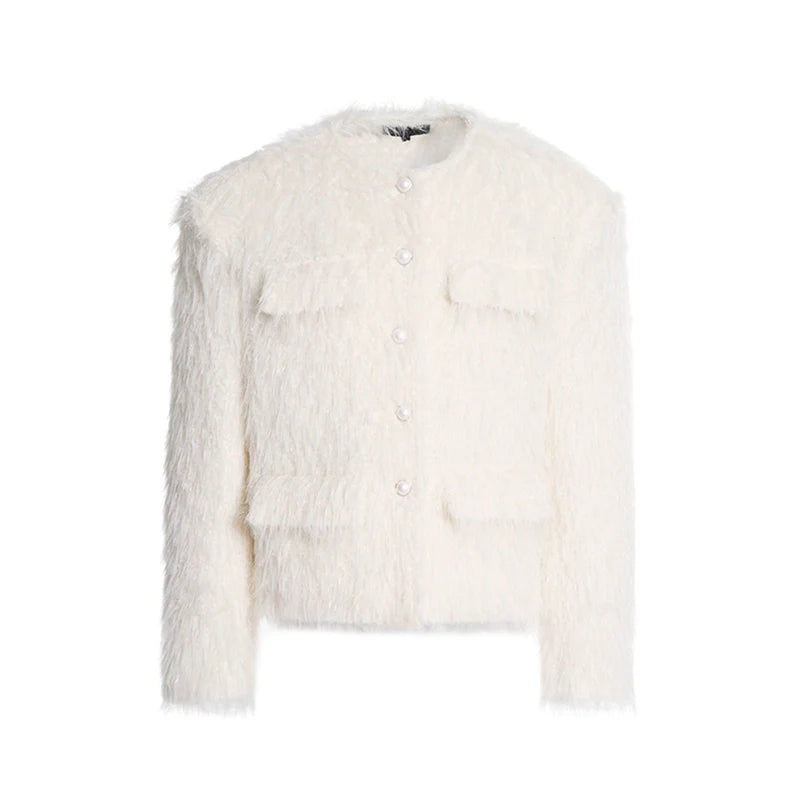 Shaggy Faux Fur Coat with Crystal Button Details
