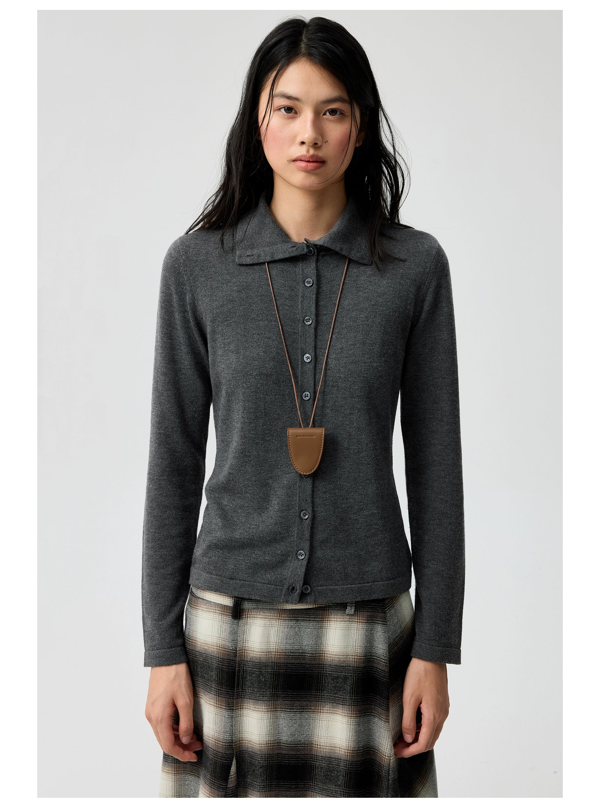 Button-Up Cardigan with Detachable Contrast Collar